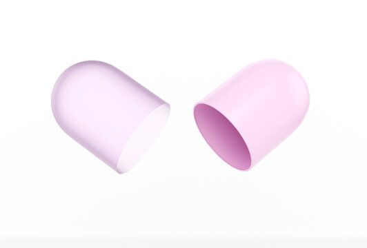 Opened capsule of a pill of pink color on a white background_ Design element for medical or pharmaceutical concept, 3D rendering Stock Illustration