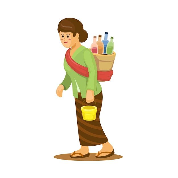 Woman selling jamu is traditional herbal drink from indonesia cartoon character illustration vector _ Premium Vector