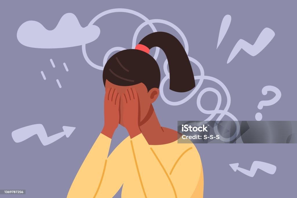 Restless person. Mental compulsive disturb depression character, disorder in head, issue regret cloud, psychotherapies, vector illustration. Stress disorder mental